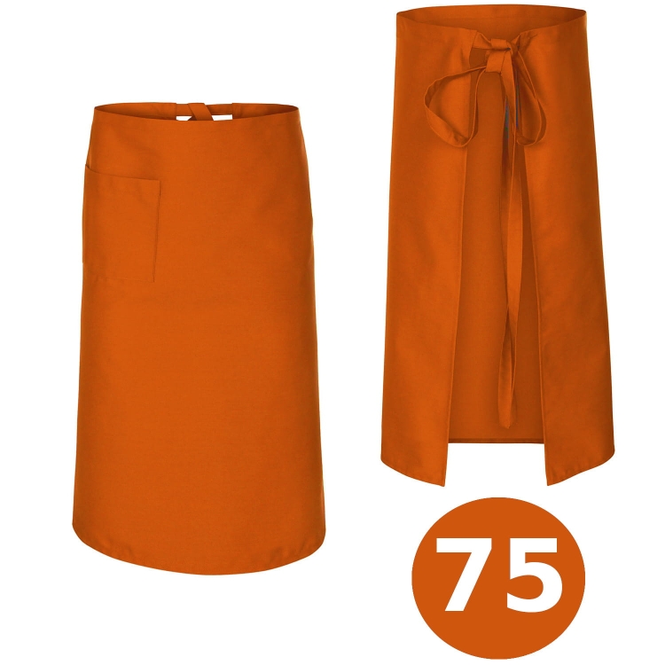 Dlouhá kuchařská zástěra v oranžové barvě.