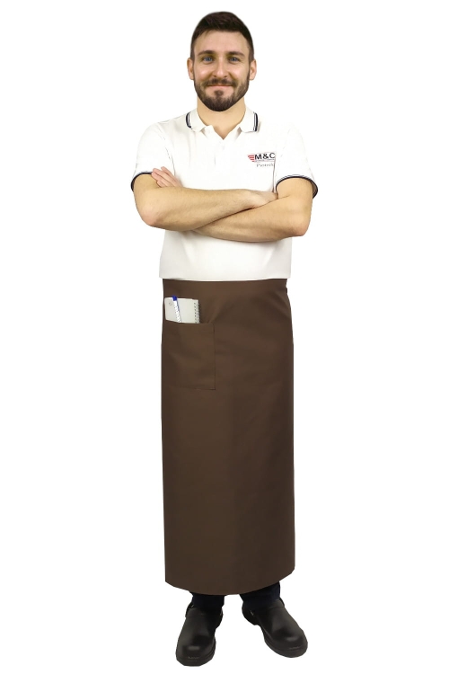 Hnědá číšnická zástěra o délce 90 cm