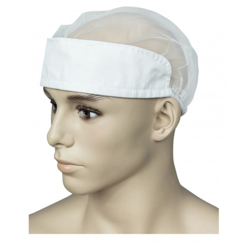 Bílá tylová čepice s gumovým materiálem.