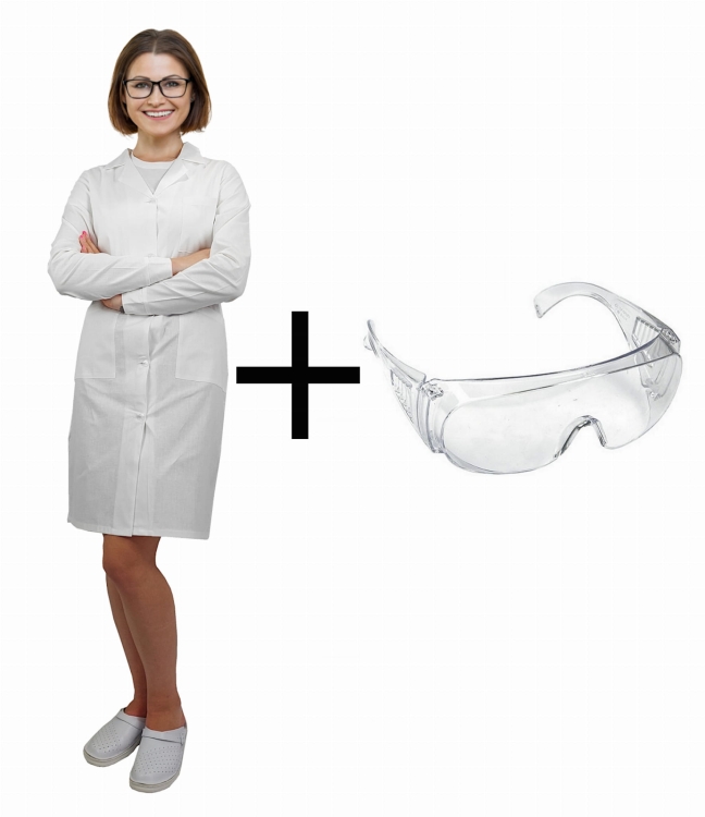 Dámská laboratorní sada s lékařskými plášti a brýlemi.