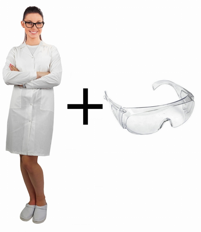 Dámská laboratorní sada s lékařskými plášti a brýlemi.