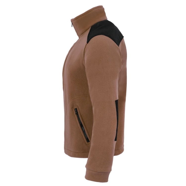 Fleece mikina s černými vsadkami v hnědé barvě.
