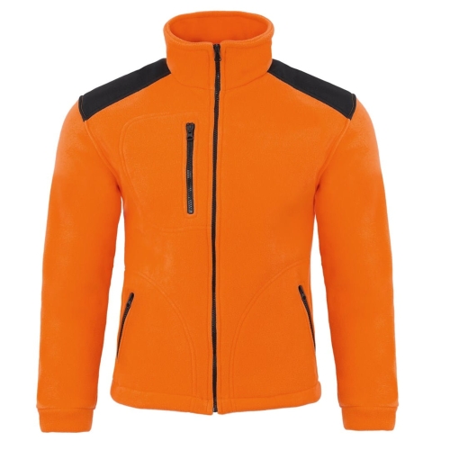 Fleece mikina s černými vsadkami v oranžové barvě.