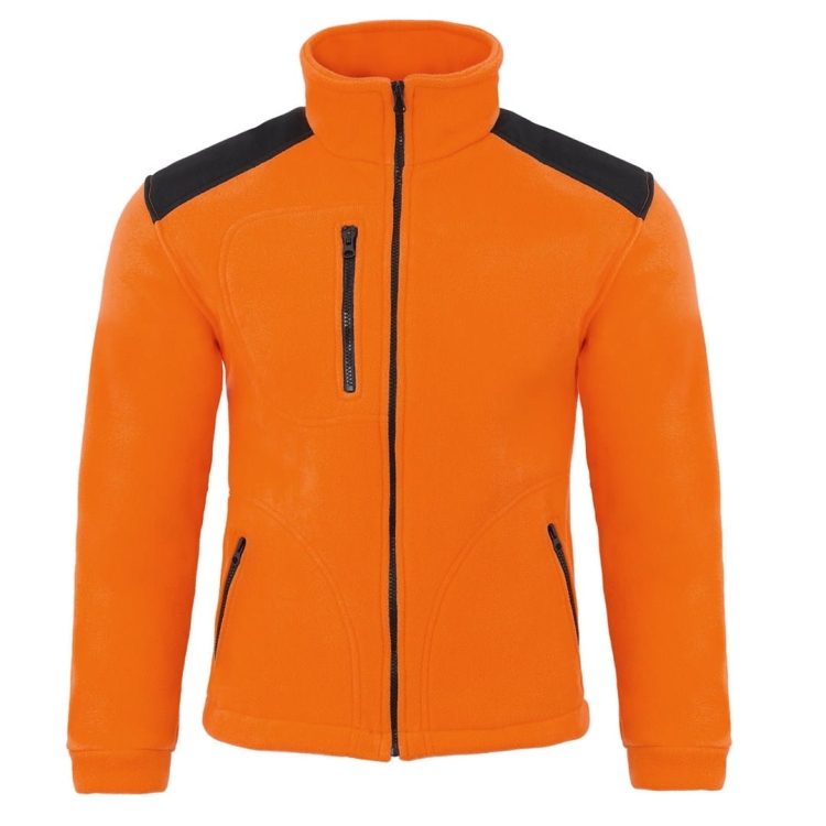Fleece mikina s černými vsadkami v oranžové barvě.
