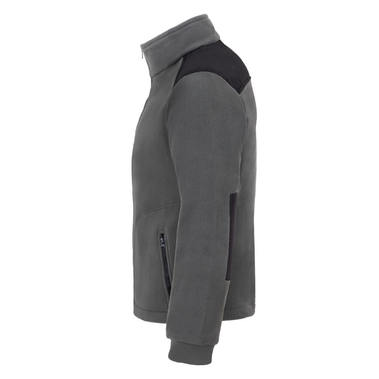 Fleece mikina s černými vsadkami v šedé barvě.