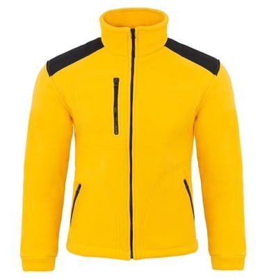 Fleece mikina s černými vsadkami v žluté barvě.