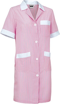 Krótkie rękawy w damskim fartuchu roboczym różowo białym