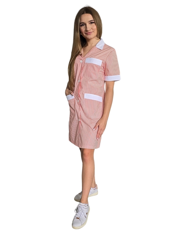 Pomarańczowo biały fartuch roboczy damski z krótkim rękawem