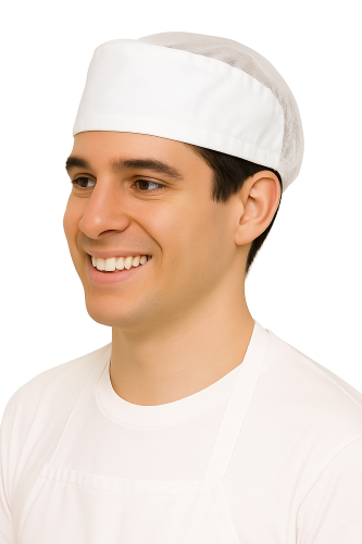 Bílá tylová čepice s gumovým materiálem.
