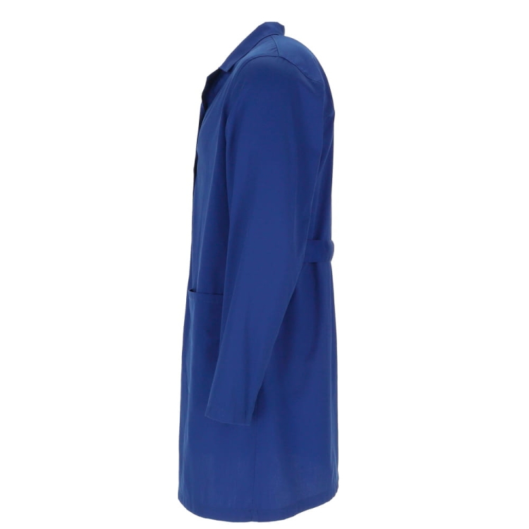 Damski fartuch laboratoryjny na guziki w kolorze niebieskim