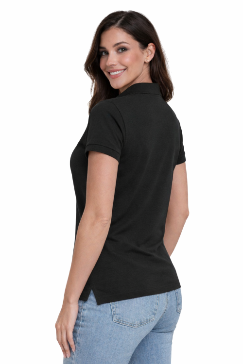 Koszulka polo damska czarna krótki rekaw lewy tył.png