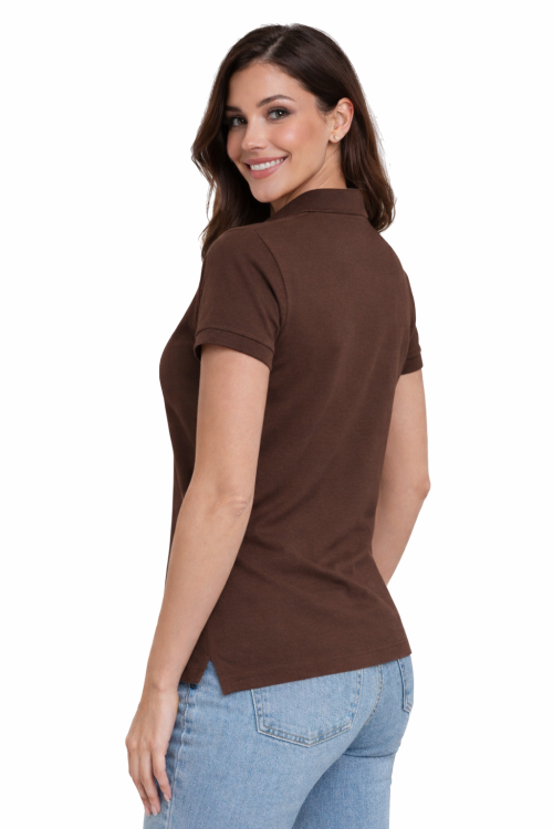 Koszulka polo damska brązowa krótki rekaw lewy tył.png