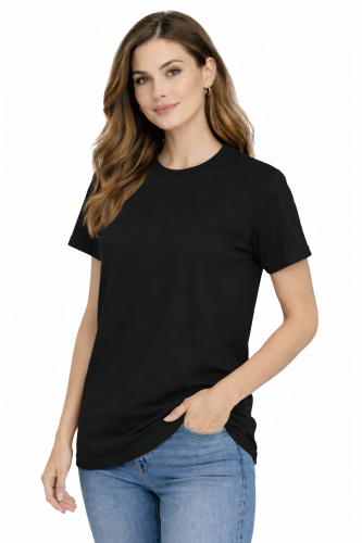 T-shirt damski krótki rękaw 100% bawełna kolor czarna widok z boku.png