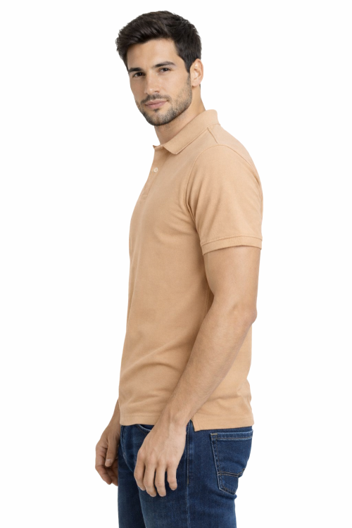 Koszulka polo męska krótki rękaw beżowa widok z boku.png