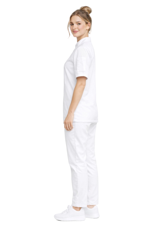 Zestaw gastronomiczny  biały elastyczny ,prosty krój  zapinany na napy