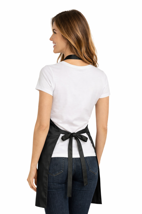 Fartuszek fryzjerski z kieszonkami wodoodporny z karczkiem i klamra do regulacji kolor czarny widok z tyłu.png