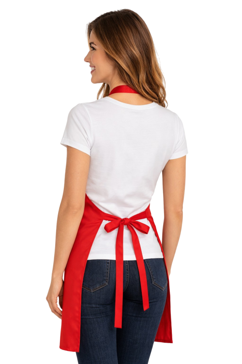 Fartuszek fryzjerski z kieszonkami wodoodporny z karczkiem i klamra do regulacji kolor czerwony widok z tyłu.png