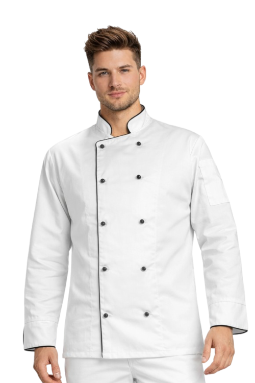 Męska bluza kucharska biała z lamówką – kitel gastronomiczny