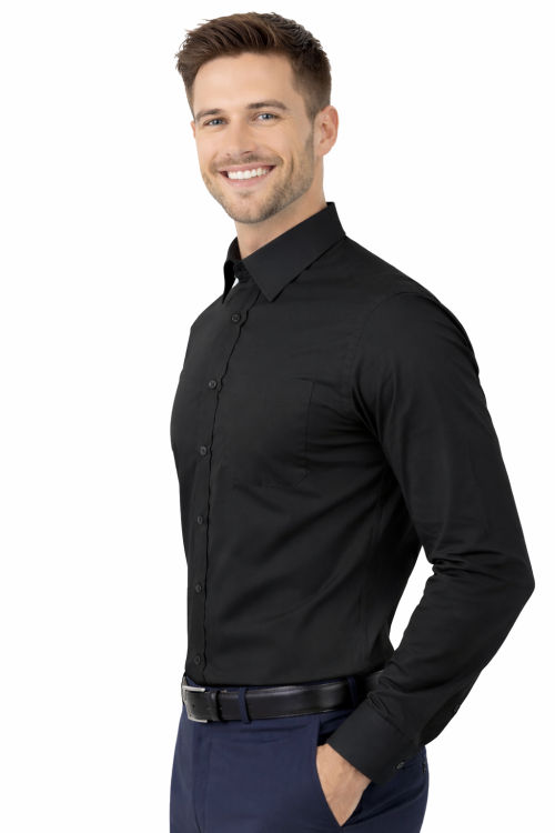 Koszula męska długi rękaw zapinana na guziki czarna widok z boku.png