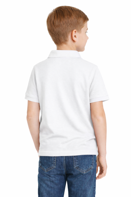 Koszulka polo dziecięca dla chłopca i dziewczynki w wieku 3-14 lat biała widok z tyłu.png