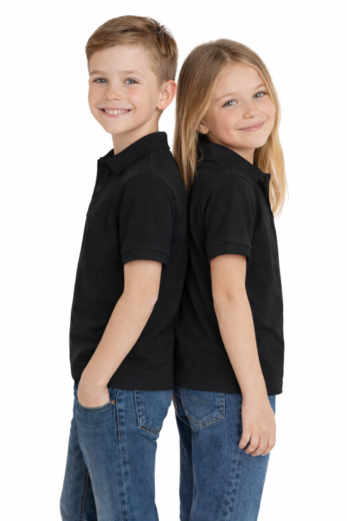 Koszulka polo dziecięca dla chłopca i dziewczynki w wieku 3-14 lat czarna widok dzieci plecemi.png