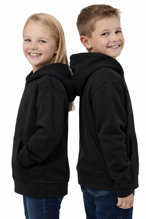 Bluza sportowa z kapturem i długim rękawem dziecięca dla chłopca i dziewczynki czarna widok z boku.png