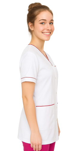 Biały fartuch lekarski z lamówką amarant