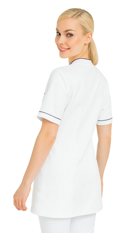 Biały żakiet kosmetyczny damski z granatową lamówką