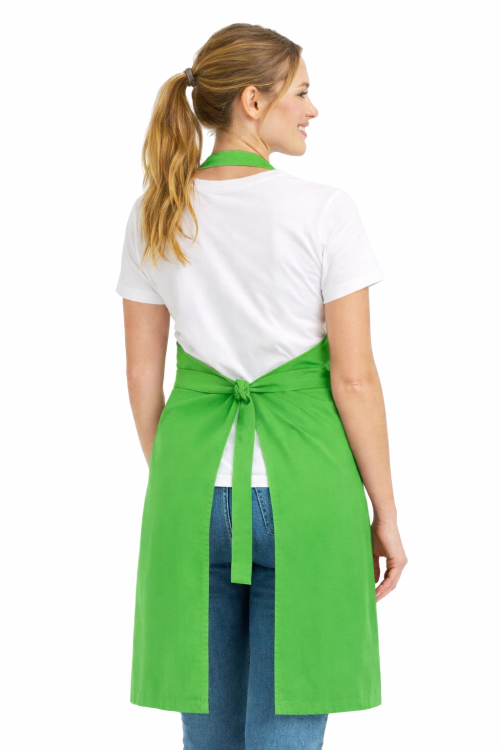 Fartuszek zapaska z karczkiem i kiesznią wiazany w pasie kolor zielony widok z tyłu.png