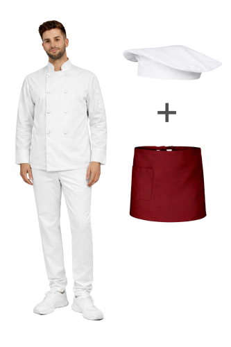 Kompletny uniform kucharski, męski  zestaw kucharski długi rękaw ,bordowa zapska