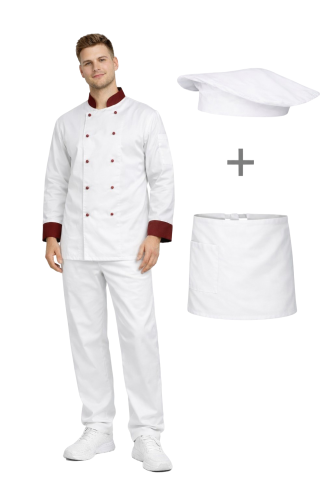 Uniform kucharza z długim rękawem  bluza z bordowymi wstawkami  zapaska w kolorze białym – zestaw gastronomiczny