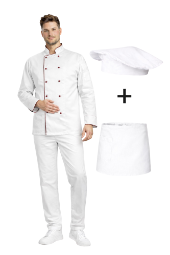 Zestaw gastronomiczny dla szefa kuchni,ucznia biały  z bordową  lamówką i białą  zapaską.png