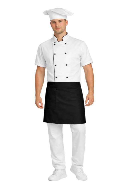 Gastronomiczny zestaw kucharza z krótkim rekawem  – uniform szkolny biały z czarną  lamówką i czarną    zapaską.png