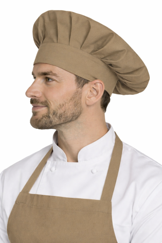 Czapka kucharska szefa kuchni unisex beżowa widok z boku.png