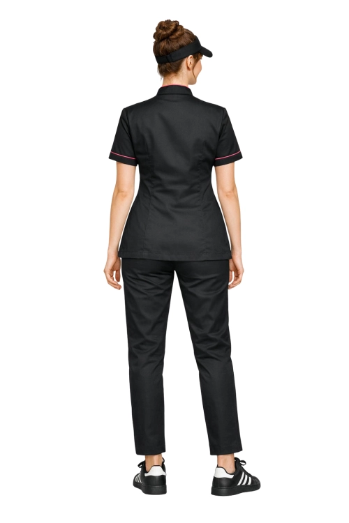 kucharski uniform zapinany na zatrzaski w kolorze czarnym z różowa lamówką.png