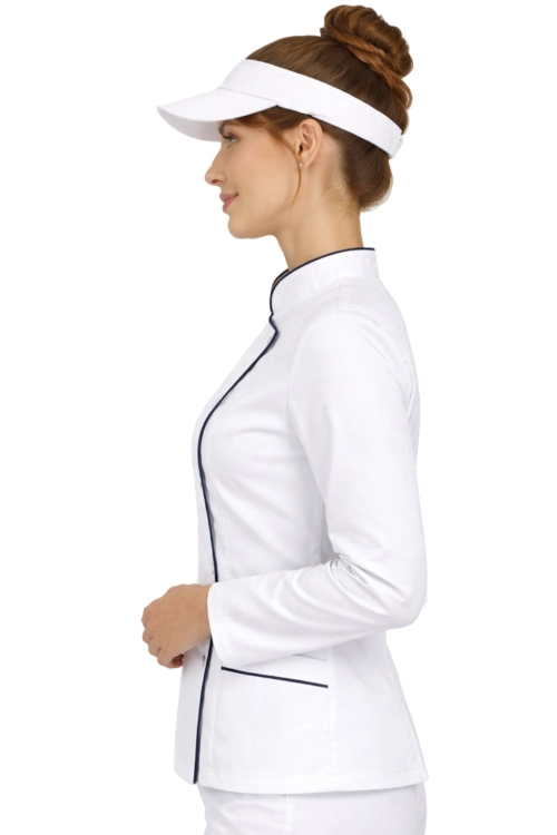 BLUZA KUCHARSKA BIAŁA  Z GRANATOWĄ LAMÓWKĄ DŁUGI RĘKAW.png