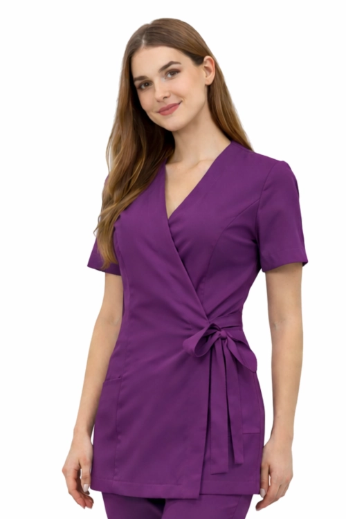 Fioletowy żakiet kopertowy, tunika basic premium z krótkim rękawem.png