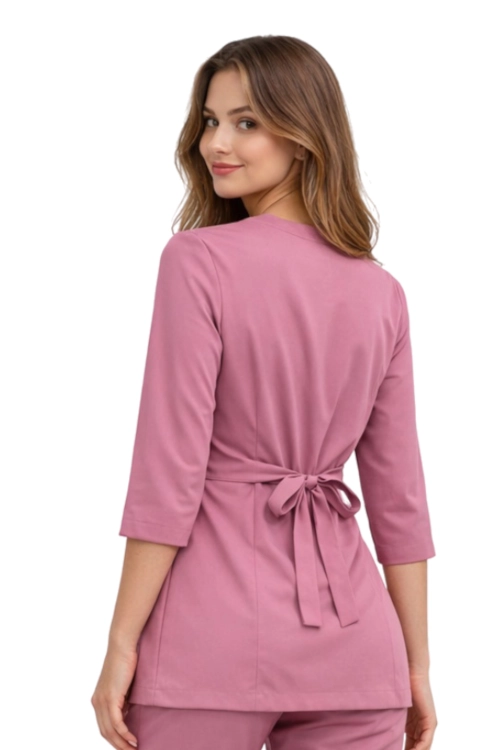 Damska tunika  kopertówka medyczna brudny róż 3/4 rękaw BASIC PREMIUM