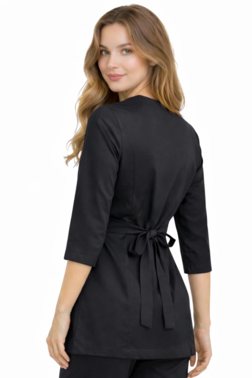Czarna tunika medyczna damska kopertowa 3/4 rękaw BASIC PREMIUM