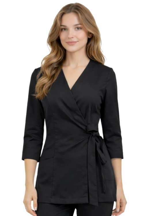 Tunika medyczna damska kopertowa BASIC PREMIUM czarna 3/4 rękaw