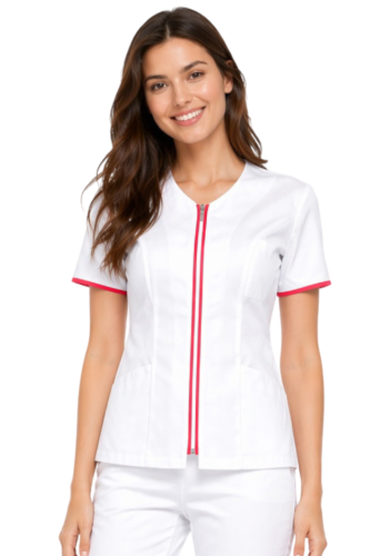 Żakiet medyczny biały z różową  lamówką zapinany na suwak