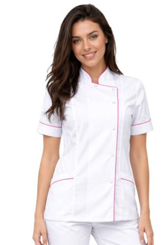 Żakiet medyczny biały  z różową lamówką krótki rękaw