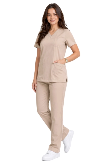 Klasický dámský lékařský komplet v jednoduchém střihu, béžový - scrubs CASUAL PREMIUM