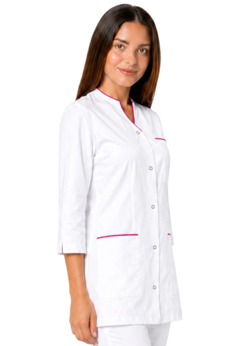 Biały żakiet z różową lamówką medyczny z rękawem 3/4 dla kobiet