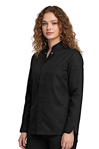 Bluza-kucharska-czarna-damska-zatrzaski-dwie-kieszenie-elastyczna-widok-z-boku.png