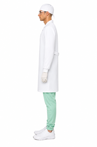 zestaw laboratoryjny męski fartuch medyczny okulary przeciwodpryskowe czepek medyczny rekawiczki widok z boku.png